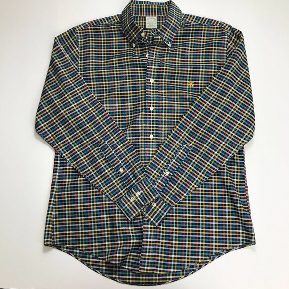 Brooks Brothers Men Large Cotton Red Multi-Color Plaid Logo Shirt - Picture 2 of 5